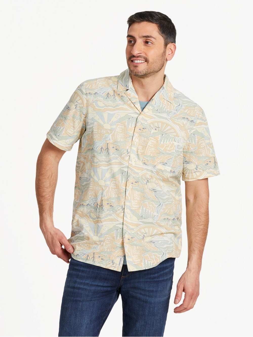 Life is Good Trippy Landscape Camp Shirt Men L Yellow Cotton Short Sleeve Button